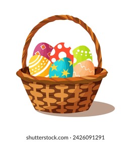 Cesta de mimbre de Pascua con huevos teñidos Aislado sobre fondo blanco. Ilustración vectorial.