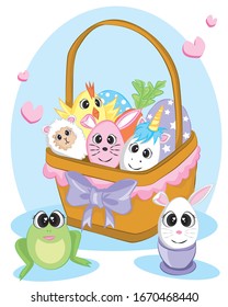 Easter wicker basket with painted eggs and animal egg . Isolated on white background. Vector graphics in stock.