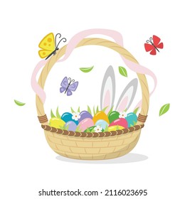 Easter wicker basket with painted eggs, spring grass and flowers, light pink ribbon, butterflies and bunny ears. Traditional vector element for event design. Isolated on white background.