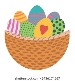 Easter wicker basket with painted eggs. Isolated on white background. Stock vector graphics