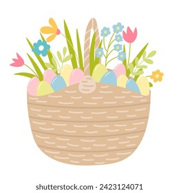 Cesta de mimbre de Pascua con huevos pastel y ramo de flores de primavera ilustración plana