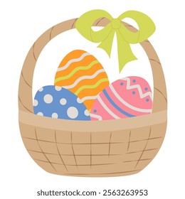 Easter wicker basket. Straw basket with painted decorative eggs, gift ribbon bow, colorful egg. Vector illustration for posters, cards, invitations