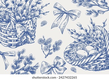 Easter Wicker baskets with branches willows, bows. Holiday composition. Blue engraving illustration on beige. Hand drawn. Background for greeting card,decoration