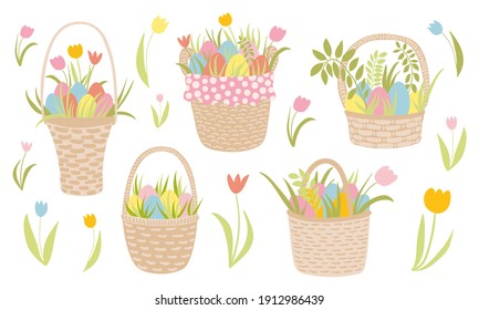 Easter wicker baskets set. Hand drawn vector baskets with eggs and flowers. Cute tulips, flowers, grass. Design for stickers, Easter holiday decoration, invitations, greeting cards.