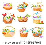 Easter wicker baskets. Straw basket with painted decorative eggs, spring flowers gift bow ribbon, colorful egg in brown hamper handle for picnic, cartoon neat vector illustration wicker