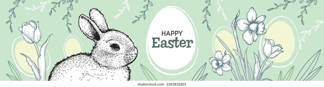 Easter wide banner with hand drawn sketch elements. Easter bunne, spring flowers tulips, daffodils and easter eggs. Vector design template.