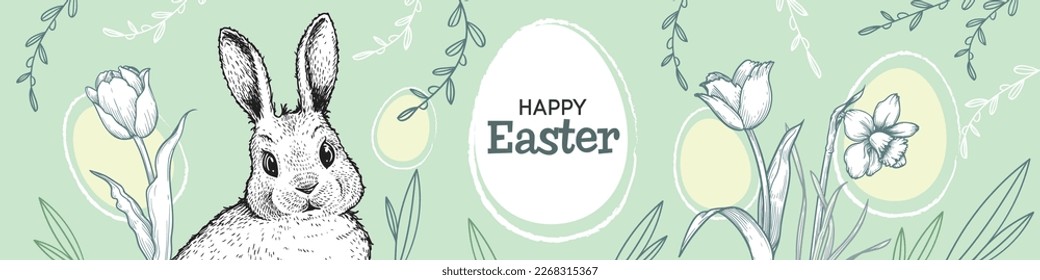 Easter wide banner and hand drawn sketch elements  Easter bunne  spring flowers tulips  daffodils   easter eggs  Vector design template 