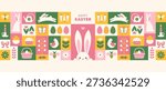 Easter wide horizontal greeting card, banner or header design with grid pattern. Spring holiday symbols and icons in mosaic ornament.