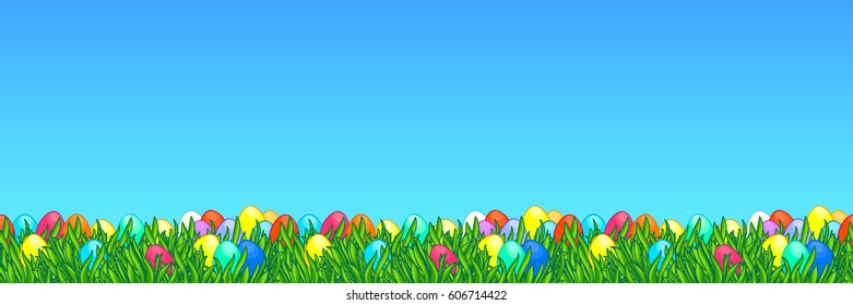 Easter wide seamless border. Background with bright green grass and painted eggs. Egg hunt landscape