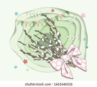 Easter willow bouquet with bow on a green background. Colorful happy easter cards with religious holiday symbols on papercut background.