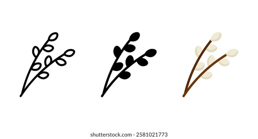 Easter willow branch icon. Traditional holiday plant sign. Christian symbol of blessing and faith. Sacred spring twig pictogram. Religious celebration illustration.