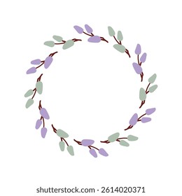 Easter willow branch wreath. Vegetable harvest in garden. Holidays spring invitation. Vector flat illustration.