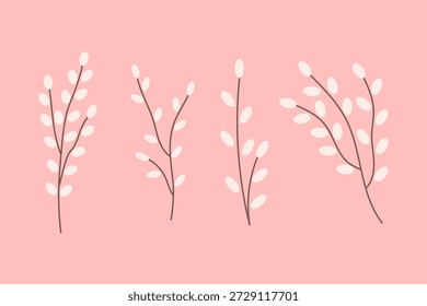 Conjunto de Ilustrações de Ramificações de Salgueiro da Páscoa. Coleção de galhos buceta primavera, elementos botânicos feriados naturais, arte desenhada à mão pastel, design de decoração vetor plano bonito