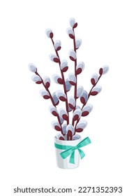 Easter willow branches in a vase with a bow. Cartoon bouquet of willow twigs with fluffy buds. Isolated on white background.
