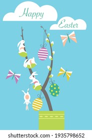 
Easter willow with rabbit and eggs. Vector illustration.