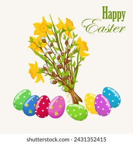 Easter Willow tree twigs with Easter colorful eggs. Spring elements. Easter symbols. Stock vector isolated on white background
