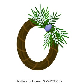 Easter willow wreath. Spring willow with colourful egg. Easter eggs. Easter decoration. Isolated illustration on the white background