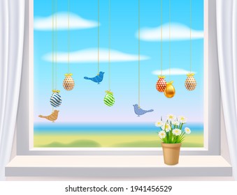 Easter window with colored Easter eggs and birds. Colorful spring flowers chamomile, dandelions in pot. Spring holiday poster