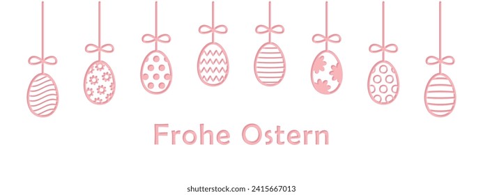 Easter window decoration, hanging easter eggs composition with frohe ostern text, happy easter in german, pink and white panoramic vector illustration