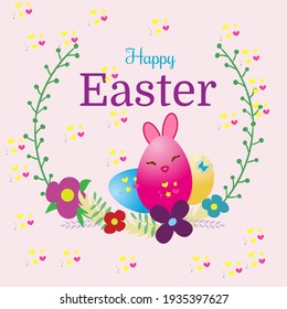 Easter Wish Card with bunny,eggs, flowers and hearts on pink background for easter spring celebration