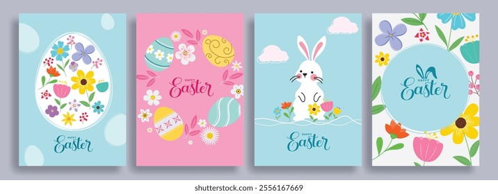 Easter wishes clip art poster background set. Happy easter sunday clipart collection with eggs, bunny and flowers in colorful abstract drawing design. Vector illustration greeting card set. 
