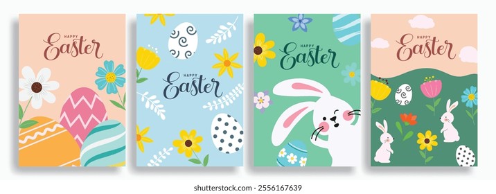 Easter wishes clipart poster background set. Happy easter sunday clip art collection with drawing elements like eggs, bunny and flowers in abstract design. Vector illustration greeting card set. 
