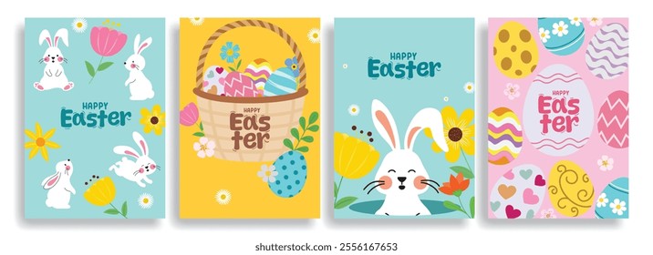 Easter wishes clipart poster background set. Happy easter sunday greeting clip art collection with bunny rabbit and eggs drawing abstract design. Vector illustration holiday season card design. 
