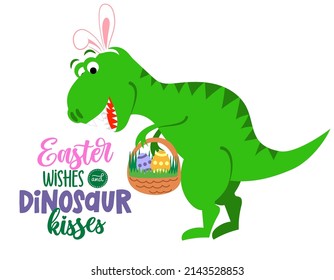 Saludos de Pascua y besos de dinosaurios - doodle dibujado a mano divertido, dino de caricatura. Es bueno para el diseño gráfico de póster o camiseta. Ilustración dibujada a mano por vectores. ¡Feliz Pascua!