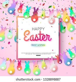 Easter wishes greeting card with hanging rabbit and colorful confetti