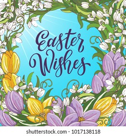 Easter Wishes - greeting poster with crocus, snowdrops and sun rays illustration