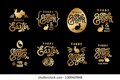 Easter wishes. Hand-drawing labels design big set. Lettering, silhouette of easter hare and easter eggs. Emblems and sigs of religious holiday. Gold foil logo. Vector illustration for web and print.