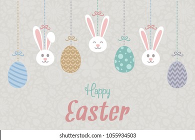 Easter wishes with hanging eggs and bunnies. Vector.