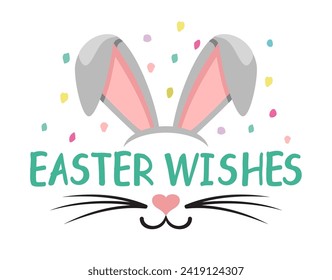 Easter wishes lettering poster in the shape of rabbit head. Easter bunny ears, nose and whiskers. Cute bunny. For designing Happy Easter congratulation card. Vector isolated on white background