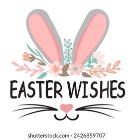 Easter wishes lettering poster in the shape of rabbit head. Easter bunny ears, nose and whiskers. Cute bunny. For designing Happy Easter congratulation card. Vector isolated on white background