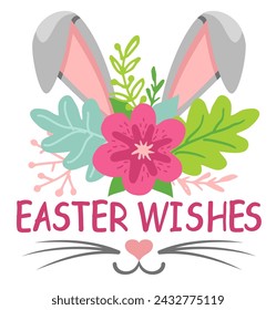 Easter wishes lettering poster in the shape of rabbit head. Easter bunny ears, nose and whiskers. Cute bunny. For designing Happy Easter congratulation card. Vector isolated on white background