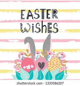 Easter wishes modern calligraphy and eggs and flowers card on textured background. Happy Easter greeting card template