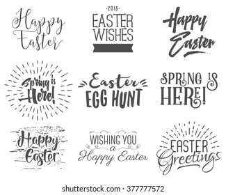 Easter wishes overlays, lettering labels design set. Retro holiday easter badges. Handdrawn emblem with ribbon. Isolated. Religious holiday sign or logo. Use for photo overlays design for web, print