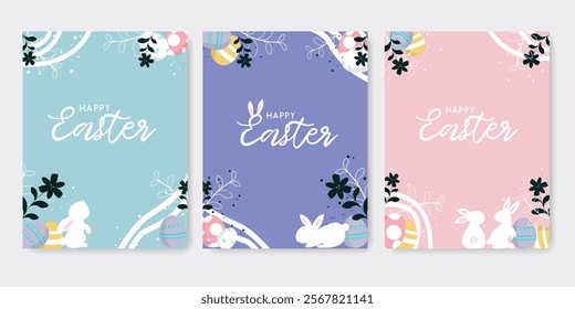 Easter wishes poster background set. Happy easter sunday collection with eggs, rabbit and flowers. vector illustration for website, invitation, postcard and poster.