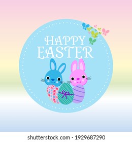 Easter wishes and promotional sale banner, poster, greeting card template in pink, blue, violet, green color with butterflies and bunnies