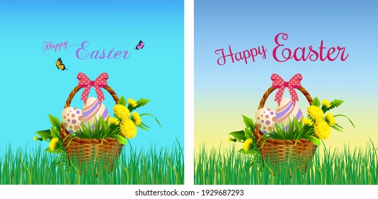 Easter wishes and promotional sale banner, poster, greeting card template in pink, blue, violet, green color with butterflies and bunnies and basket in the graden field with yellow dahlia