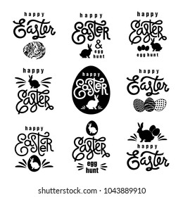 Easter wishes set. Hand-drawing labels design. Lettering, silhouette of easter hare and easter eggs. Emblems and signs of religious holiday. Black and white logo. Vector illustration for web and print
