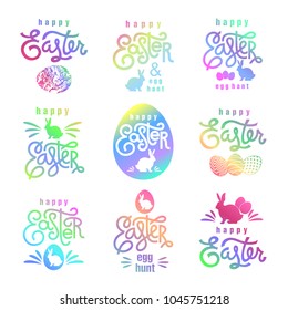 Easter wishes set. Hand-drawing labels design. Lettering, silhouette of easter hare and easter eggs. Emblems and sigs of religious holiday. Colorful logo. Vector illustration for web and print.