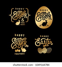 Easter wishes set. Hand-drawing labels design. Lettering, silhouette of easter hare and easter eggs. Emblems and sigs of religious holiday. Gold foil logo. Vector illustration for web and print.