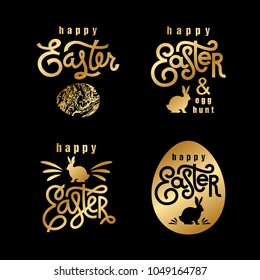 Easter wishes set. Hand-drawing labels design. Lettering, silhouette of easter hare and easter eggs. Emblems and sigs of religious holiday. Gold foil logo. Vector illustration for web and print.