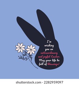 Easter Wishes are written in the dark silhouette of a Bunny. White flowers and Easter Bunny. Handwritten text. Greeting card for the spring holiday. Vector illustration.