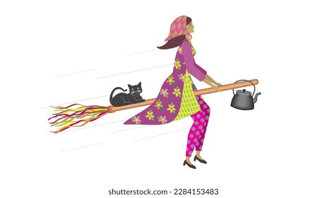 Easter woman flying on broom with cat and ready to serv cofee. Isolated on white. Vector illustration.