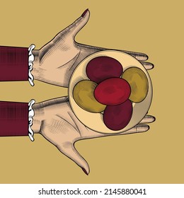 Easter. Woman's hands holding Easter eggs. Vintage stylized drawing. Vector illustration