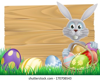 Easter wood sign with the Easter bunny and decorated Easter eggs