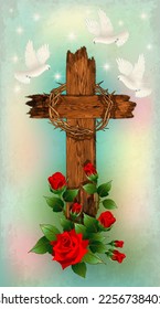 Easter wooden cross with a wreath of thorns, white doves and red roses. vector illustration