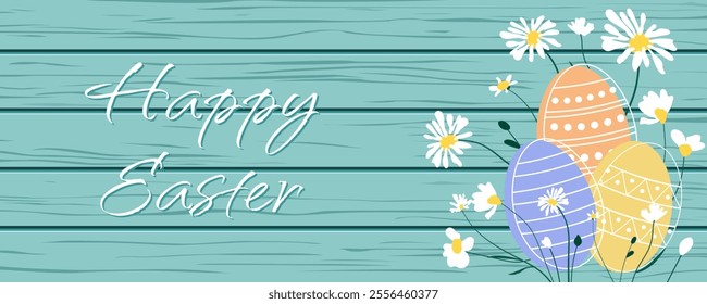 Easter wooden table with beautiful eggs and spring flowers for background. Happy Easter background poster. Chamomiles and Easter eggs on a wooden background vector illustration.